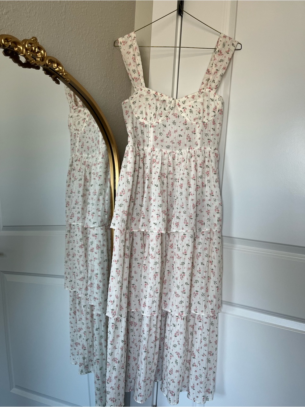Pink Floral Tiered Cream Midi Dress